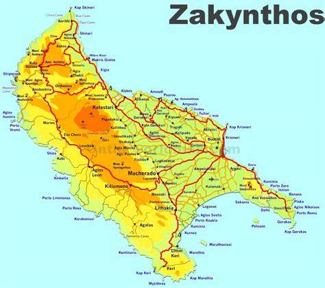 Mapa Zakynthosu s trasou k Banana Beach