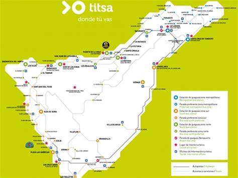 Mapa dopravy: autobusy TITSA mezi Mascou, Santiago del Teide a Buenavista