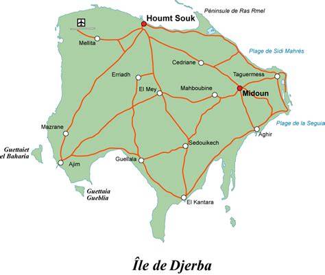 Mapa ostrova Djerba a hlavních letovisek