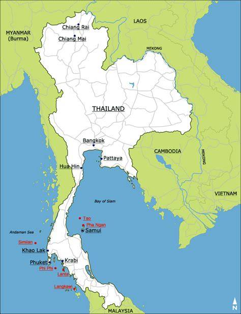 mapa Thajska s hlavními destinacemi