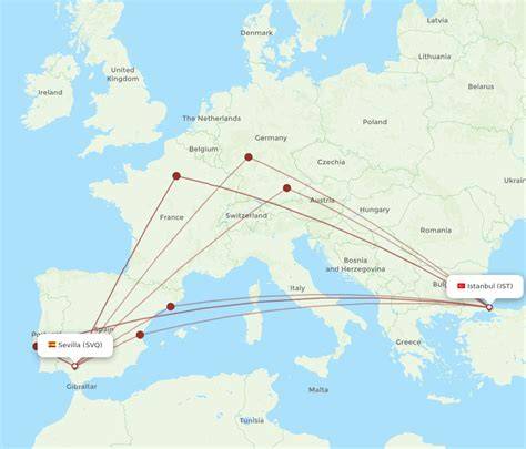 Mapa spojení Istanbul a Sevilla a Budapešť